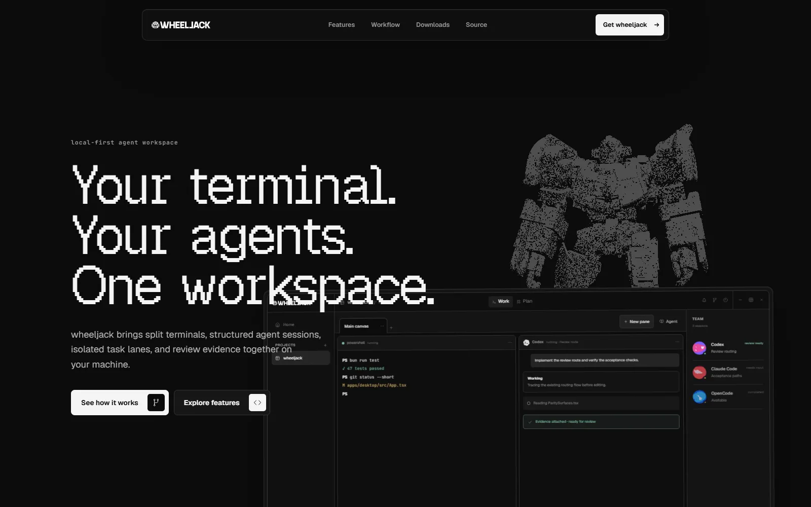 wheeljack workspace with split terminals, structured agents, Plan tasks, and review evidence